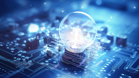 Close up of electronic circuit with glowing light bulb. 3D renderingの素材