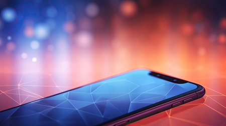Smartphone with abstract network connection on colorful background. 3d renderingの素材