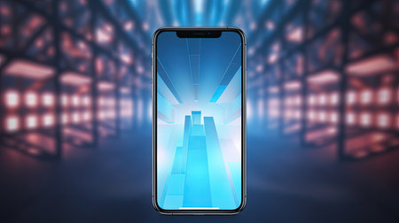 Smartphone with blue screen on warehouse background. 3D Renderingの素材