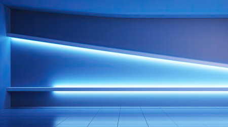 Illuminated corridor interior with blue neon light. 3D renderingの素材