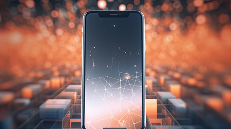 Smartphone with abstract network connection on blurry city background. 3D Renderingの素材