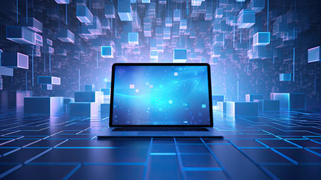 Laptop on abstract blue background with binary code. 3d renderingの素材