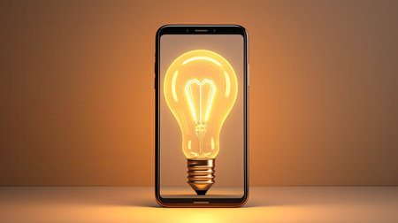 Smartphone with light bulb on the screen. 3D rendering.の素材