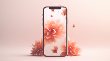 Smartphone with abstract flower background. 3D Rendering mock upの素材