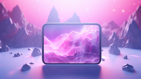 Futuristic abstract landscape with mountains and neon lights. 3d renderingの素材