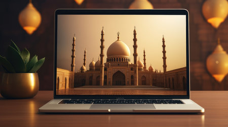 Laptop with mosque on screen on wooden table. 3d rendering.の素材
