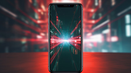 Smartphone with abstract light trails on red background. 3D renderingの素材