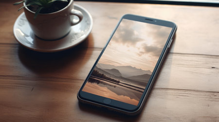 Smart phone on a wooden table with a cup of coffee and mountain viewの素材