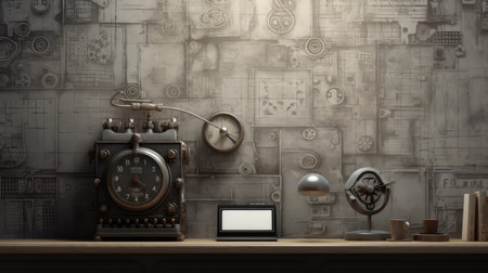3d illustration of a desk with vintage telephone and blank screen.の素材