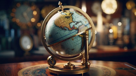 Globe on a table in a cafe. Vintage style tonedの素材