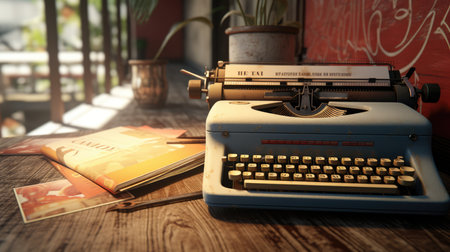 Vintage typewriter on the wooden table in coffee shop background.の素材