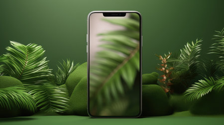 Smartphone mockup with palm leaves on green background. 3D renderingの素材