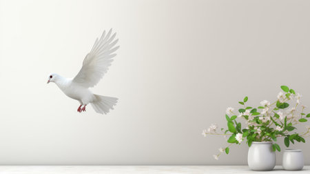 3d render of white pigeon flying in the air with flower vaseの素材