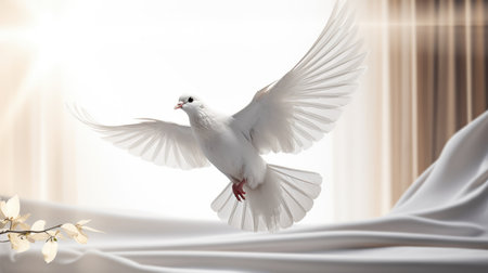 Flying white dove on a white fabric background. 3d rendering.の素材