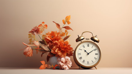 Retro alarm clock and autumn bouquet of flowers on table.の素材