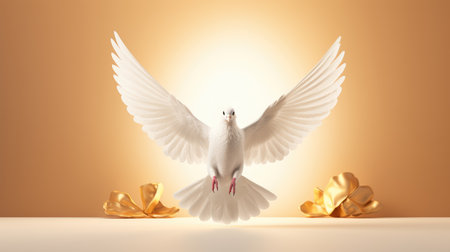 White dove with golden bow on orange background. 3D rendering.の素材