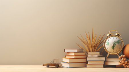 Stack of books with alarm clock on wooden table. 3d renderingの素材
