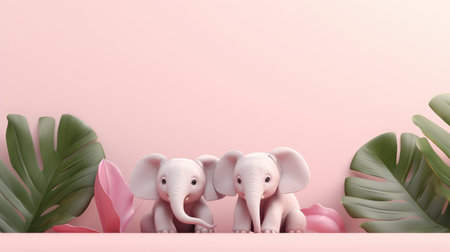3d rendering of cute elephant family in pastel pink tone background.の素材