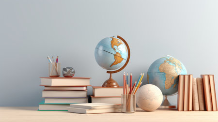 Books and globe on the table. Education concept. 3d renderingの素材