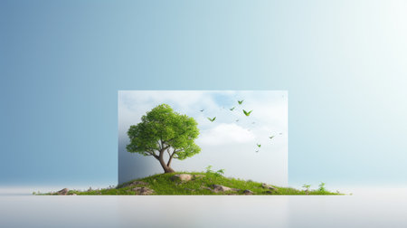 Green tree with flying birds on blue sky. Ecology concept. 3D Renderingの素材