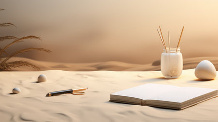 3d render of an open book, a pencil and a glass jar with diffuser in the desertの素材