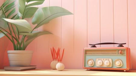 Retro radio and plant on wooden shelf. 3D rendering.の素材