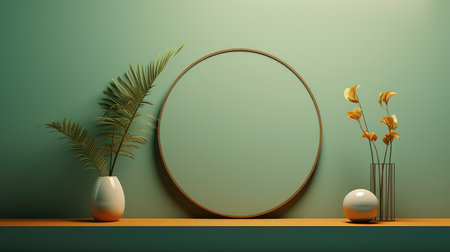 Minimalist composition with round frame on green wall. 3d renderの素材
