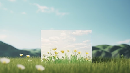 3d render of green grass field with flowers and blue sky backgroundの素材