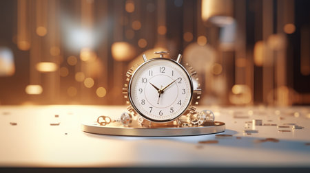 3d rendering alarm clock on the table with golden confetti.の素材