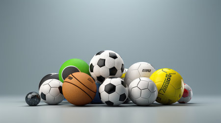 Group of soccer or football balls on grey background. 3D renderingの素材
