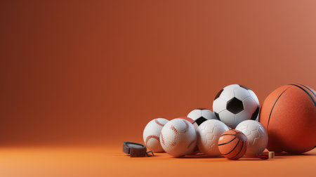Group of sport balls on orange background. 3d render illustration.の素材