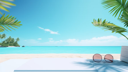 White table with sunglasses and palm leaves on the beach. 3d renderingの素材
