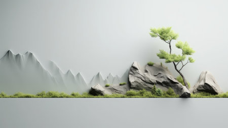 3d rendering of a mountain landscape with a tree growing on a rockの素材