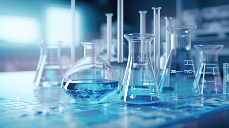 Laboratory glassware with blue liquid. Science and chemistry background. 3d renderingの素材