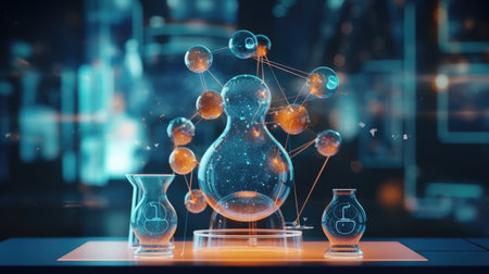 Science laboratory research and development concept. 3D rendering toned image double exposureの素材