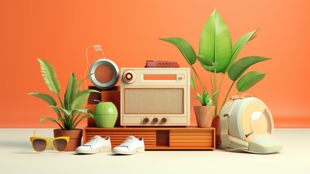 3d illustration of retro radio set with accessories and plants in the roomの素材