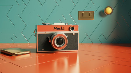 Vintage camera and phone on the floor. 3D rendering.の素材