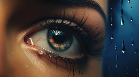 Close-up image of a beautiful young woman's eye with tearsの素材