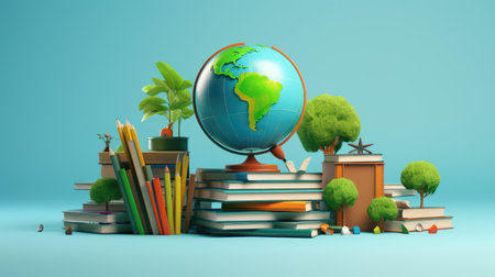 Back to school concept with globe, books, pencils and plants on blue backgroundの素材