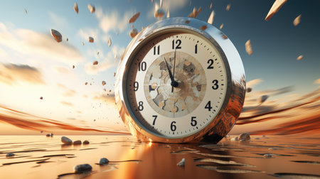 3d rendering of a clock falling into the water on a sunset backgroundの素材