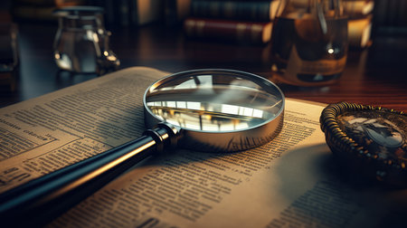 Magnifying glass on the book. Law and justice concept. 3D Renderingの素材