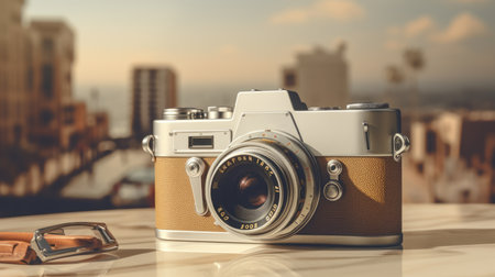 Old retro camera on the table with cityscape background, vintage toneの素材