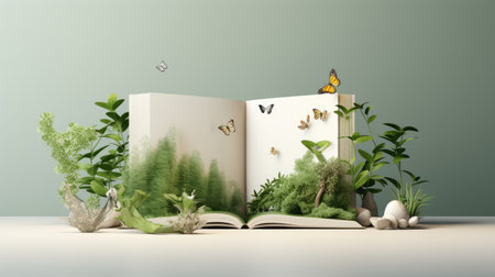 Open book with butterflies and plants on green background. 3D renderingの素材