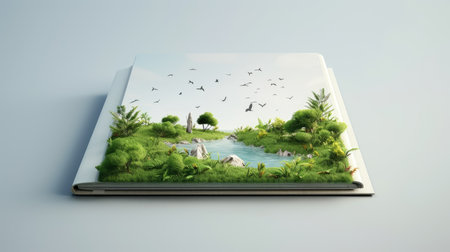 Open book with green grass and flying birds. 3D rendering.の素材