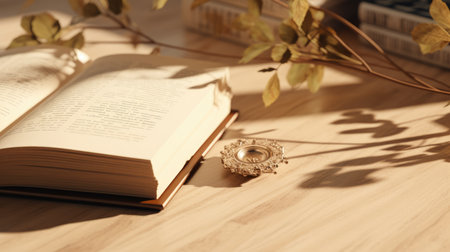 Open book with golden ring on wooden table, closeup. Space for textの素材