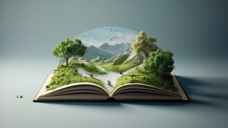 Open book with nature landscape on the pages. 3d illustration.の素材
