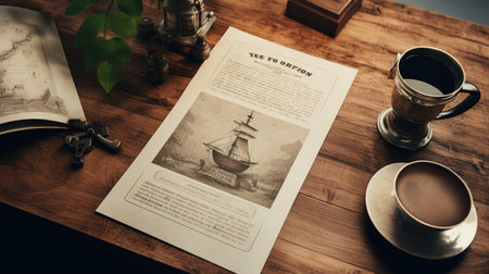 Coffee cup and old map on wooden table. Vintage toneの素材