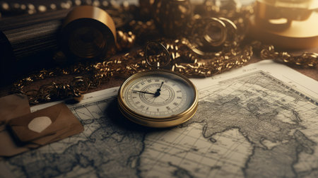 Vintage pocket watch on old map background. Treasure hunt concept.の素材