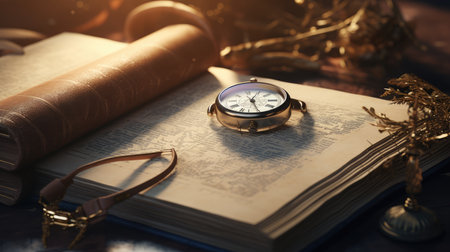 Law and justice concept. Old book, clock and magnifying glassの素材