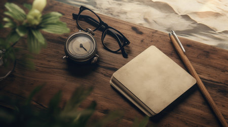 Notebook with pen and glasses on a wooden table, vintage toneの素材